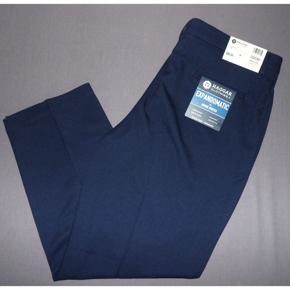 NEW! HAGGAR Navy Blue Expandomatic Wrinkle Free Dress Pants Men's 40 X 29 NWT!